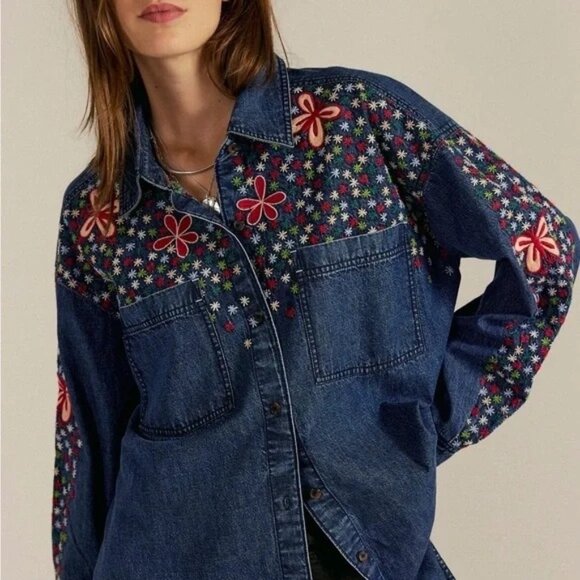 Free People Tops - Free People Rainbow Embroidered Denim Shirt Womens S Country Vintage Retro